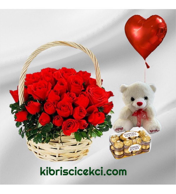 Sepette 51 Kırmızı Gül Ayıcık 16'lı Ferrero Çikolata Kalp Helyum Balon